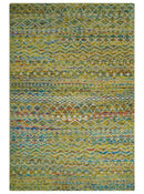 Hand Knotted Mustard, Aqua, Brown and Ivory 5.7x9 Modern Contemporary Southwestern Tribal Trellis Recycled Art Silk Area Rug