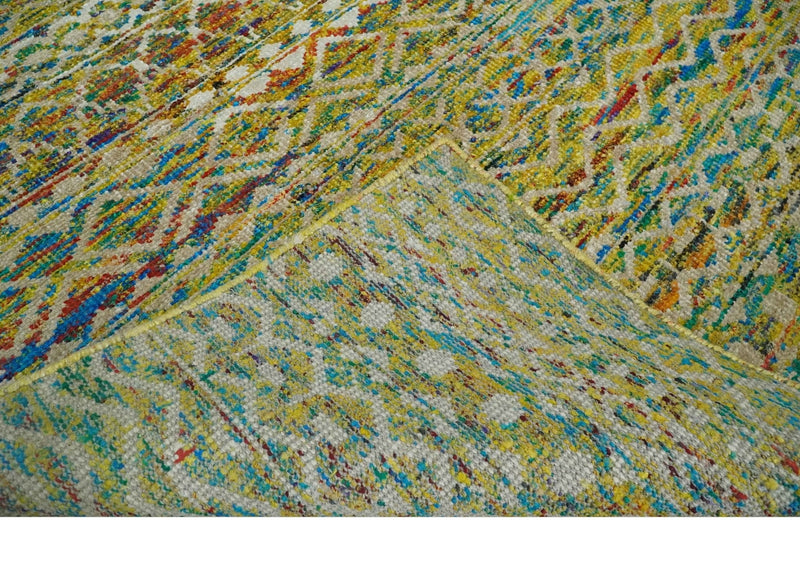 Hand Knotted Mustard, Aqua, Brown and Ivory 5.7x9 Modern Contemporary Southwestern Tribal Trellis Recycled Art Silk Area Rug