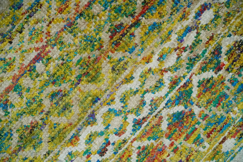 Hand Knotted Mustard, Aqua, Brown and Ivory 5.7x9 Modern Contemporary Southwestern Tribal Trellis Recycled Art Silk Area Rug