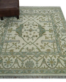 Hand Knotted Oriental Oushak Ivory and Teal Wool Area Rug