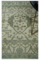 Hand Knotted Oriental Oushak Ivory and Teal Wool Area Rug