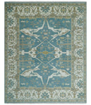 Hand Knotted Oriental Oushak Teal, Ivory and Beige Wool Area Rug