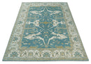 Hand Knotted Oriental Oushak Teal, Ivory and Beige Wool Area Rug