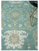 Hand Knotted Oriental Oushak Teal, Ivory and Beige Wool Area Rug