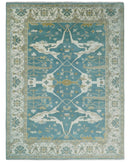 Hand Knotted Oriental Oushak Teal, Ivory and Beige Wool Area Rug