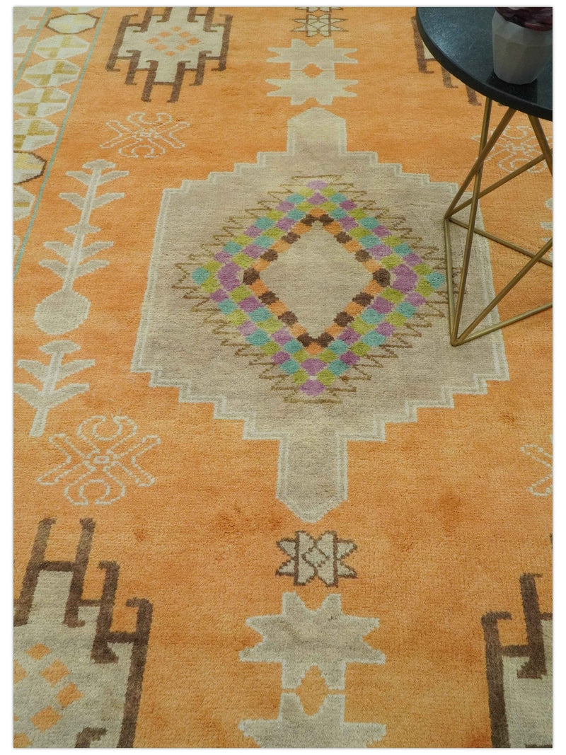 Hand Knotted Peach and Beige Traditional Southwestern 8x10 wool area rug