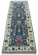 Hand knotted Runner 2.6x8 Blue And Ivory Traditional Design Wool Rug