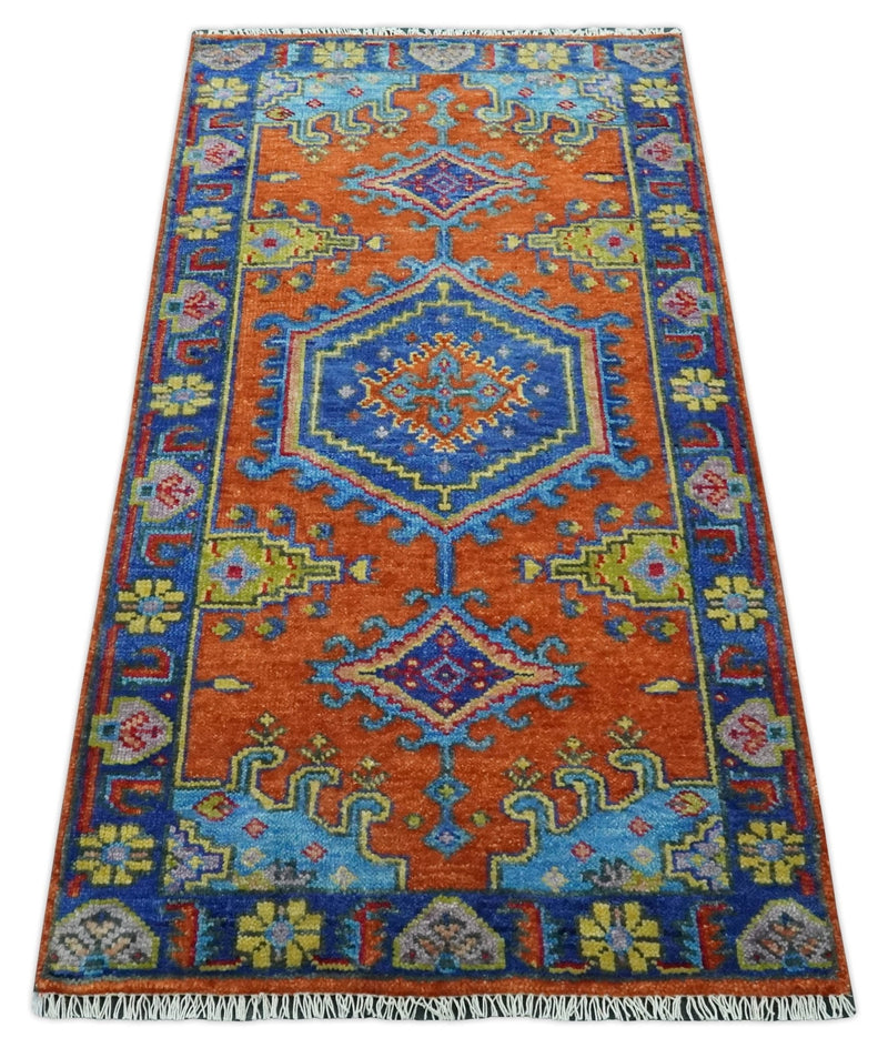 Hand Knotted Rust, Blue and Olive Traditional 3x6 Antique Wool Area Rug