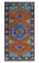 Hand Knotted Rust, Blue and Olive Traditional 3x6 Antique Wool Area Rug