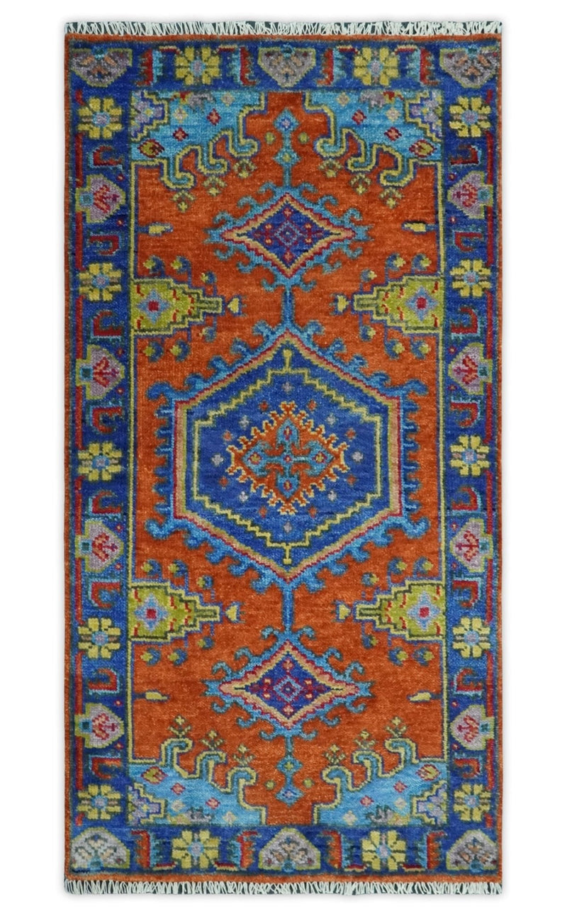 Hand Knotted Rust, Blue and Olive Traditional 3x6 Antique Wool Area Rug