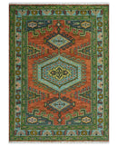 Traditional Hand Knotted Wool Persian Area Rug Rust Blue Olive
