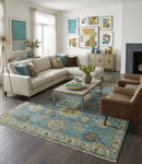 Wool Area Rug Hand-Knotted Teal and Gold Traditional Oushak Design Multi Sizes