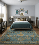 Wool Area Rug Hand-Knotted Teal and Gold Traditional Oushak Design Multi Sizes