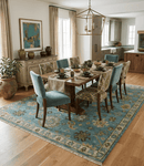 Wool Area Rug Hand-Knotted Teal and Gold Traditional Oushak Design Multi Sizes