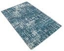 Hand Knotted Teal and Ivory Modern Abstract Contemporary Recycled Silk Area Rug