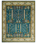 Hand Knotted Teal Blue and Ivory Tree of Life Traditional Vintage Style Wool Rug by The Rug Decor