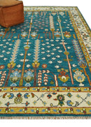 Hand Knotted Teal Blue and Ivory Tree of Life Traditional Vintage Style Wool Rug by The Rug Decor