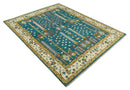 Hand Knotted Teal Blue and Ivory Tree of Life Traditional Vintage Style Wool Rug by The Rug Decor