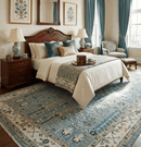 Hand-Knotted Wool Area Rug - Blue and Ivory Oushak Antique Style