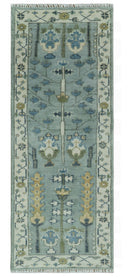 Hand-Knotted Wool Area Rug - Blue and Ivory Oushak Antique Style
