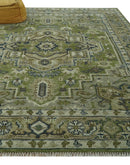 Wool Area Rug - Hand Knotted Green Silver Charcoal Heriz Style