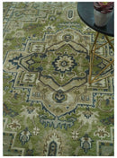Wool Area Rug - Hand Knotted Green Silver Charcoal Heriz Style
