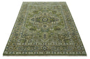 Wool Area Rug - Hand Knotted Green Silver Charcoal Heriz Style