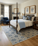 Ivory and Blue Vintage Hand Knotted Traditional Wool Rug 8x10 - Oxidized Low Pile