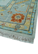 Hand Knotted Traditional Oushak Blue And Mustard Wool Rug