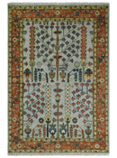 Hand Knotted Tree of Life Rust and Blue Traditional Turkish Design Wool Rug