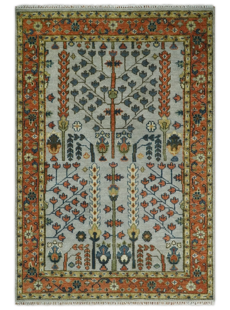 Hand Knotted Tree of Life Rust and Blue Traditional Turkish Design Wool Rug