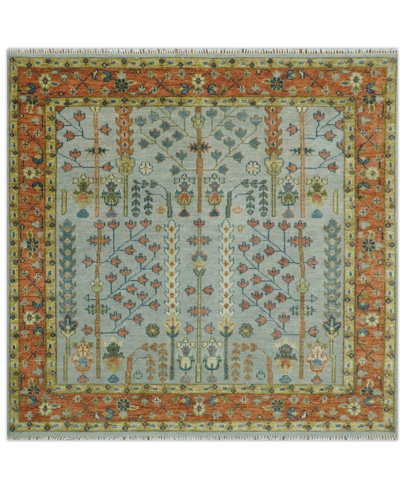 Hand Knotted Tree of Life Rust and Blue Traditional Turkish Design Wool Rug