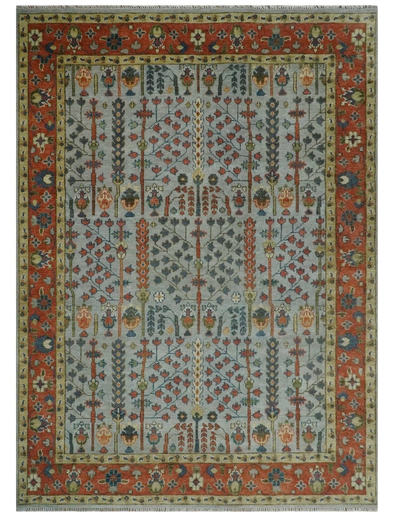 Hand Knotted Tree of Life Rust and Blue Traditional Turkish Design Wool Rug