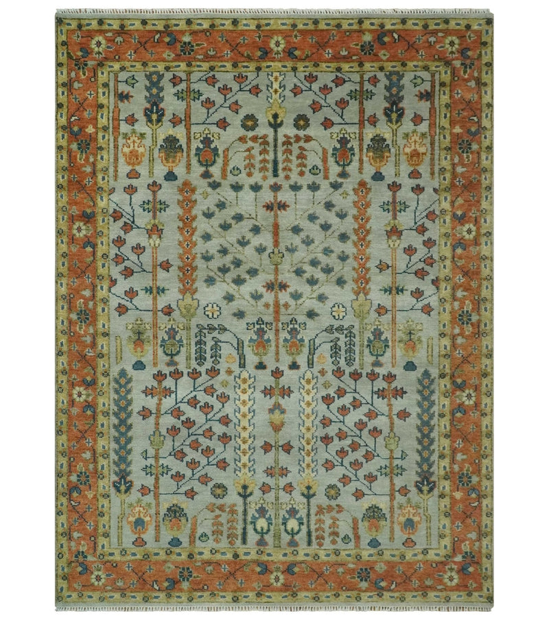 Hand Knotted Tree of Life Rust and Blue Traditional Turkish Design Wool Rug