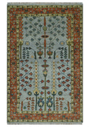 Hand Knotted Tree of Life Rust and Blue Traditional Turkish Design Wool Rug
