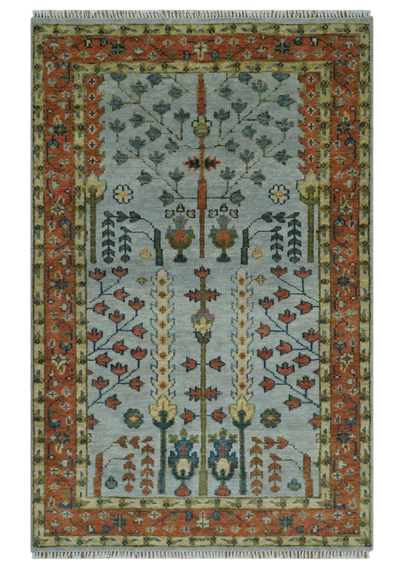 Hand Knotted Tree of Life Rust and Blue Traditional Turkish Design Wool Rug