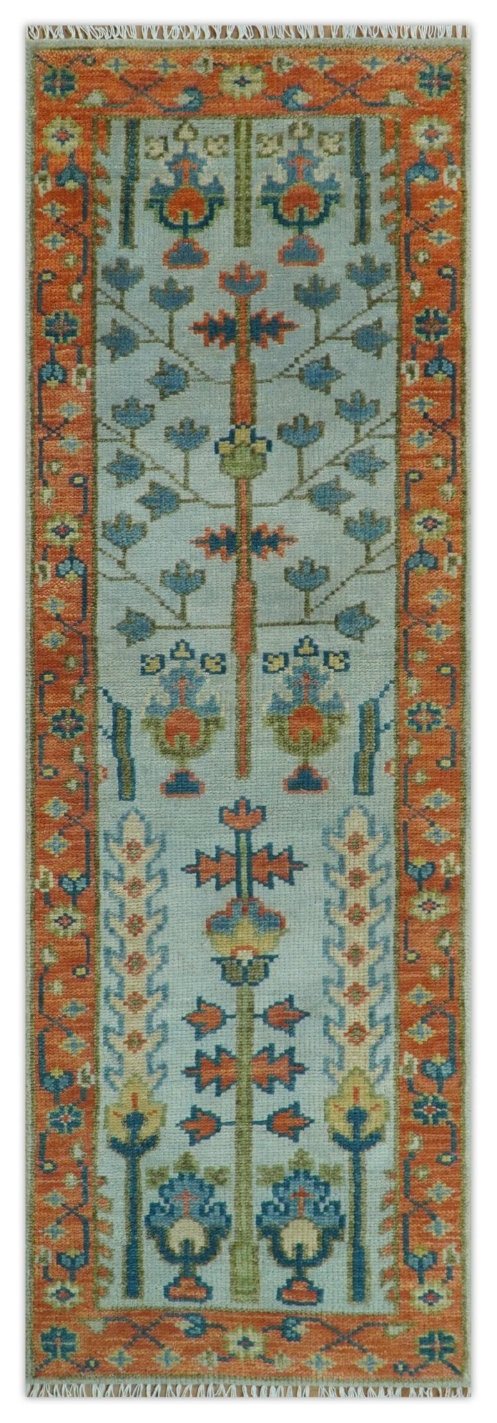 Hand Knotted Tree of Life Rust and Blue Traditional Turkish Design Wool Rug