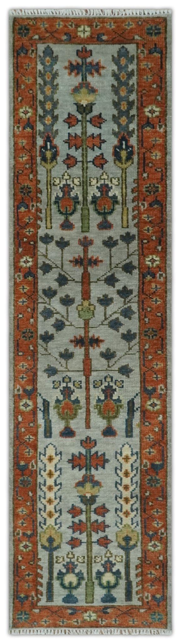 Hand Knotted Tree of Life Rust and Blue Traditional Turkish Design Wool Rug