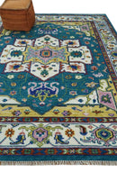 Hand Knotted White, Gold and Blue Multi Sizes Vibrant Colorful Heriz Medallion Area Rug by The Rug Decor