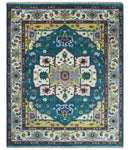Hand Knotted White, Gold and Blue Multi Sizes Vibrant Colorful Heriz Medallion Area Rug by The Rug Decor