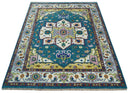Hand Knotted White, Gold and Blue Multi Sizes Vibrant Colorful Heriz Medallion Area Rug by The Rug Decor