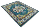 Hand Knotted White, Gold and Blue Multi Sizes Vibrant Colorful Heriz Medallion Area Rug by The Rug Decor