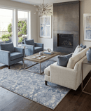 Handmade Wool and Bamboo Silk Damask Area Rug in Ivory and Gray 7x9