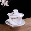 Hand painted bird and bamboo white porcelain gaiwan dining room tea set by Decorbites
