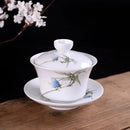 Hand painted bird and bamboo white porcelain gaiwan dining room tea set by Decorbites