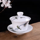 Hand painted bird and bamboo white porcelain gaiwan dining room tea set by Decorbites
