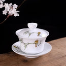 Hand painted bird and bamboo white porcelain gaiwan dining room tea set by Decorbites