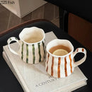 Hand-painted green & brown colorful stripes porcelain mugs kitchen set by Decorbites