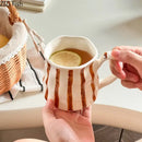 Hand-painted green & brown colorful stripes porcelain mugs kitchen set by Decorbites