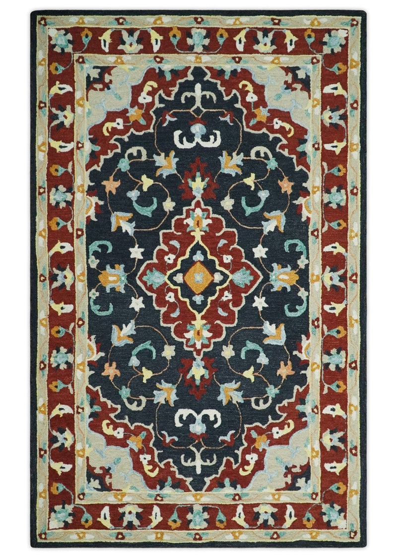 Hand Tufted Black, Rust and Beige Persian Style Antique Oriental Wool Area Rug